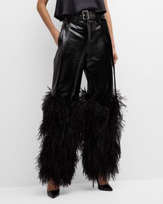 High-Rise Feather-Trim Patent Faux Leather Straight-Leg Belted Trousers