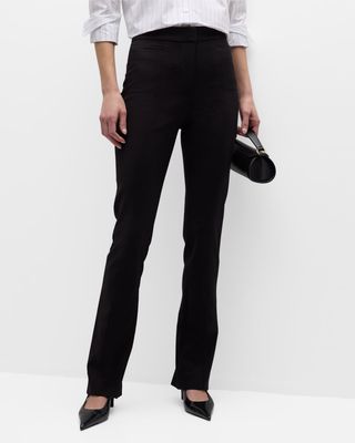 High-Rise Pintuck Slim-Leg Split-Hem Suit Trousers