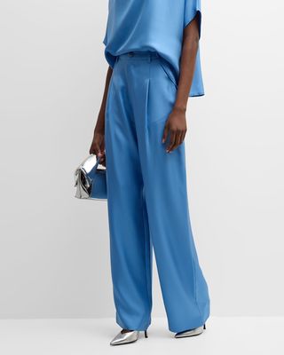 High-Rise Pleated Organic Silky Twill Relaxed Straight-Leg Pants
