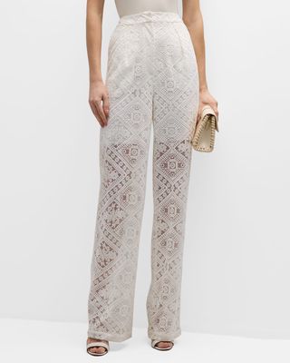 High-Rise Straight-Leg Floral Lace Pants