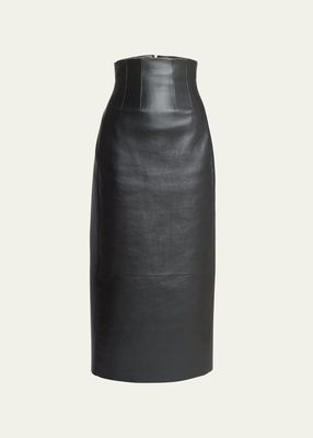 High Waist Corseted Napa Leather Midi Skirt