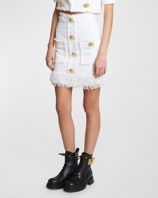 High-Waist Fringed Tweed Mini Skirt