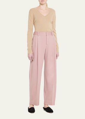 High-Waist Pleated-Front Wool Trousers