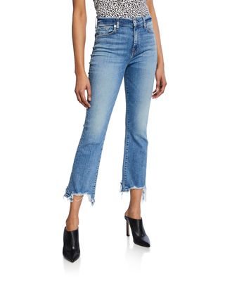 High-Waist Slim Kick Jeans with Destroyed Hem