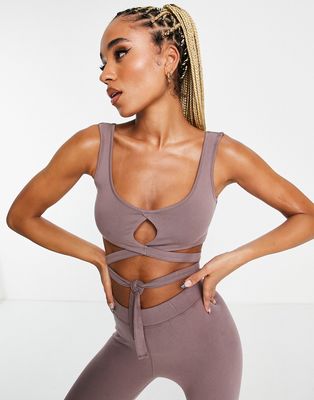 HIIT bra top with wrap and tie details in mink-Brown