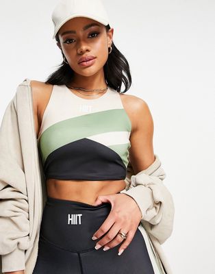 HIIT color block sports bra in black and khaki