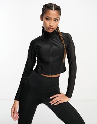 HIIT gloss highneck zip front top with mesh detailing-Black