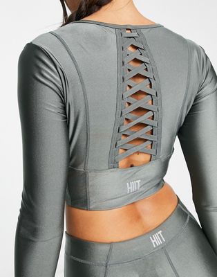 HIIT glossy strappy long sleeve crop top in gray