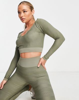 HIIT seamless crop top with notch neck in textured camo in khaki-Green