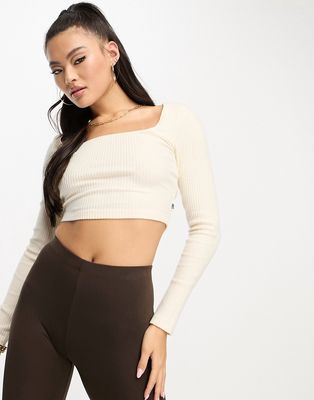 HIIT soft touch ribbed lounge long sleeve crop top in beige-Neutral