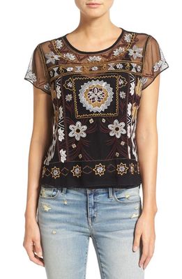 Hinge Embroidered Mesh Short Sleeve Top in Black Embroidered Combo