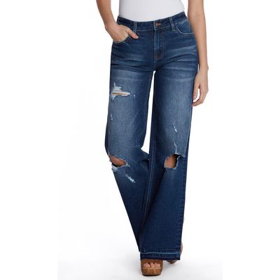 HINT OF BLU Deconstructed Wide Leg Jeans in Ripped Blue 