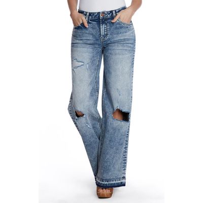 HINT OF BLU Deconstructed Wide Leg Jeans in Torn Blue 