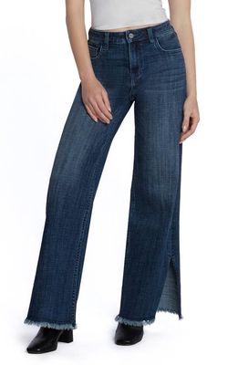 HINT OF BLU Frayed Split Hem Mid Rise Wide Leg Jeans in Market Blue