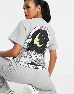 HNR LDN oversized t-shirt with graphic moon tarot back print in gray-Grey