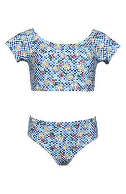 Hobie Kids' Picnic Puff Sleeve Two-Piece Swimsuit in Blue Multi