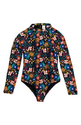 Hobie Kids' Wildflower Long Sleeve One-Piece Rashguard Swimsuit in Black