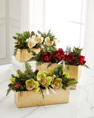 Holiday Orchids Faux Floral Arrangement with Gold Rectangle Container