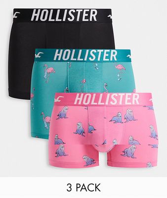 Hollister 3 pack conversational print trunks in pink/blue print and black plain-Multi