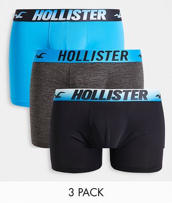 Hollister 3 pack sport contrast logo waistband trunks in blue/black/charcoal heather-Multi