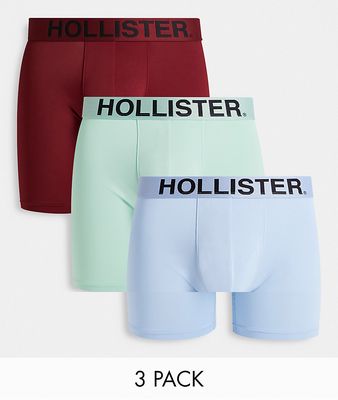 Hollister 3 pack sport tonal logo waistband trunks in light blue/green/burgundy-Multi