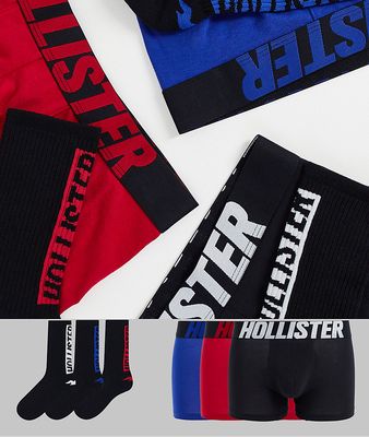 Hollister 3 pack trunks and 3 pack socks in black/red/blue/white-Multi
