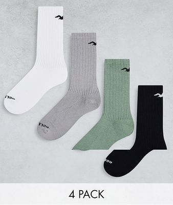 Hollister 4 pack back icon logo elevated essentials crew socks in black/beige/gray/white-Multi