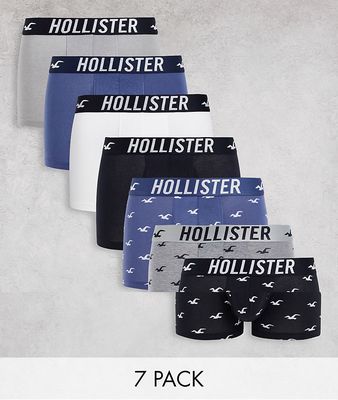 Hollister 7 pack all over icon logo and plain trunks in grays/blues/white/black-Multi