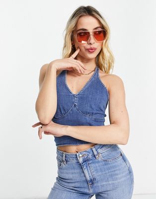 Hollister chambray halter neck top in blue