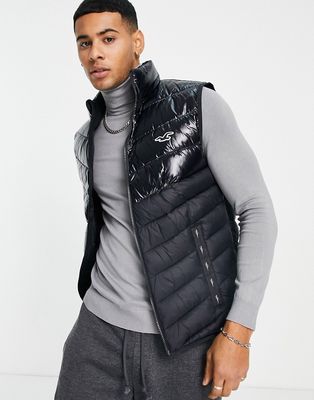 Hollister icon logo color block puffer vest in black/gray