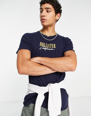 Hollister large scale tech logo tipped neck t-shirt in navy