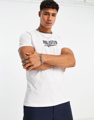 Hollister large scale tech logo tipped neck t-shirt in white