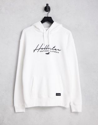 Hollister large script logo hoodie in cream-White