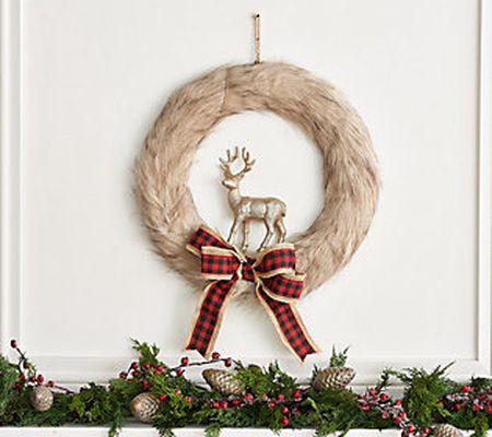 Home Reflections 20" Woodland Faux Fur Wreath with Bow