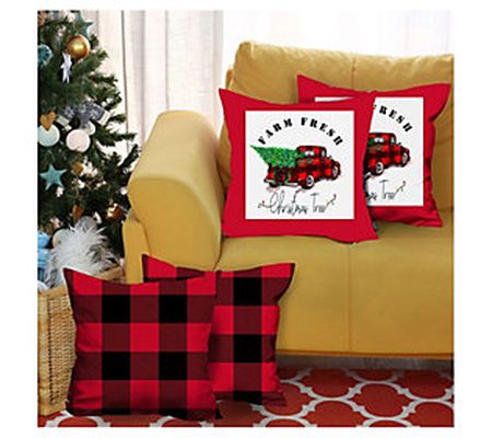 HomeRoots S/4 Red Plaid & Red Truck Throw Pillows