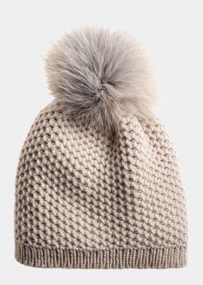 Honeycomb Cashmere Beanie w/ Fox Fur Pom
