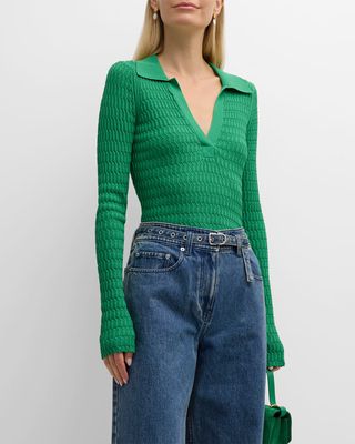 Honeycomb Stitch Long-Sleeve Polo Top