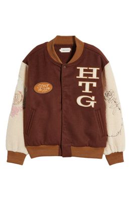 HONOR THE GIFT Letterman Faux Shearling Sleeve Varsity Bomber Jacket in Brown