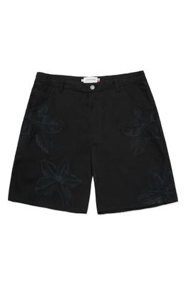 HONOR THE GIFT Tobacco Flower Embroidered Canvas Shorts in Black