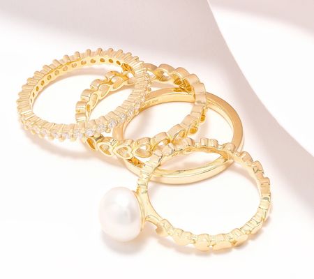Honora Set of 4 Button Pearl & Diamonique CZ Rings