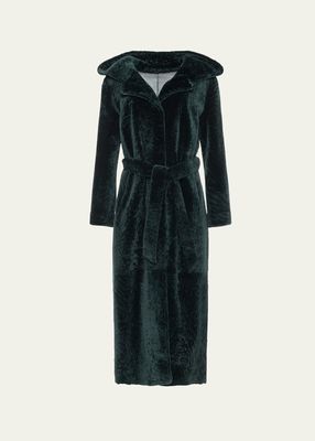 Hooded Shearling Overcoat with Tie Belt