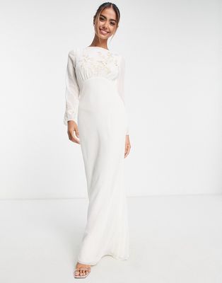 Hope & Ivy Bridal cowl back embroidered maxi dress in ivory-White