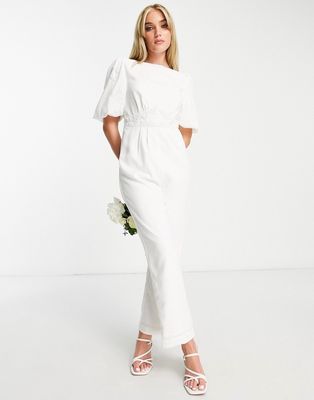 Hope & Ivy Bridal puff sleeve bow back jumpsuit in ivory-White