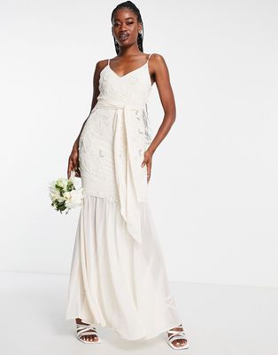 Hope & Ivy Bridal sheer embroidered maxi dress with neck tie in ivory-White