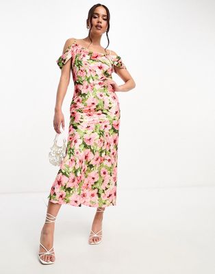 Hope & Ivy cold shoulder satin midaxi dress in pink floral-Multi