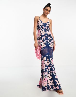 Hope & Ivy contrast lace floral maxi dress in navy-Blue