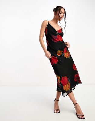 Hope & Ivy cowl neck midi dress in red floral
