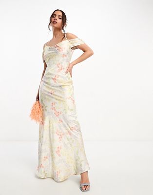 Hope & Ivy cowl neck satin maxi dress in ivory floral-White