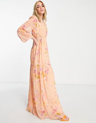 Hope & Ivy cut-out balloon sleeve maxi dress in peach and ochre floral-Pink