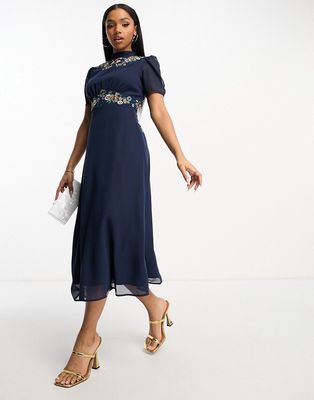 Hope & Ivy embroidered open back midi dress in navy